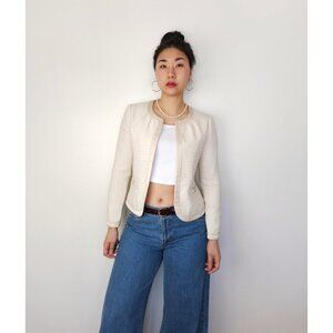 Vintage satin trim collarless tweed jacket neutral cream women S
